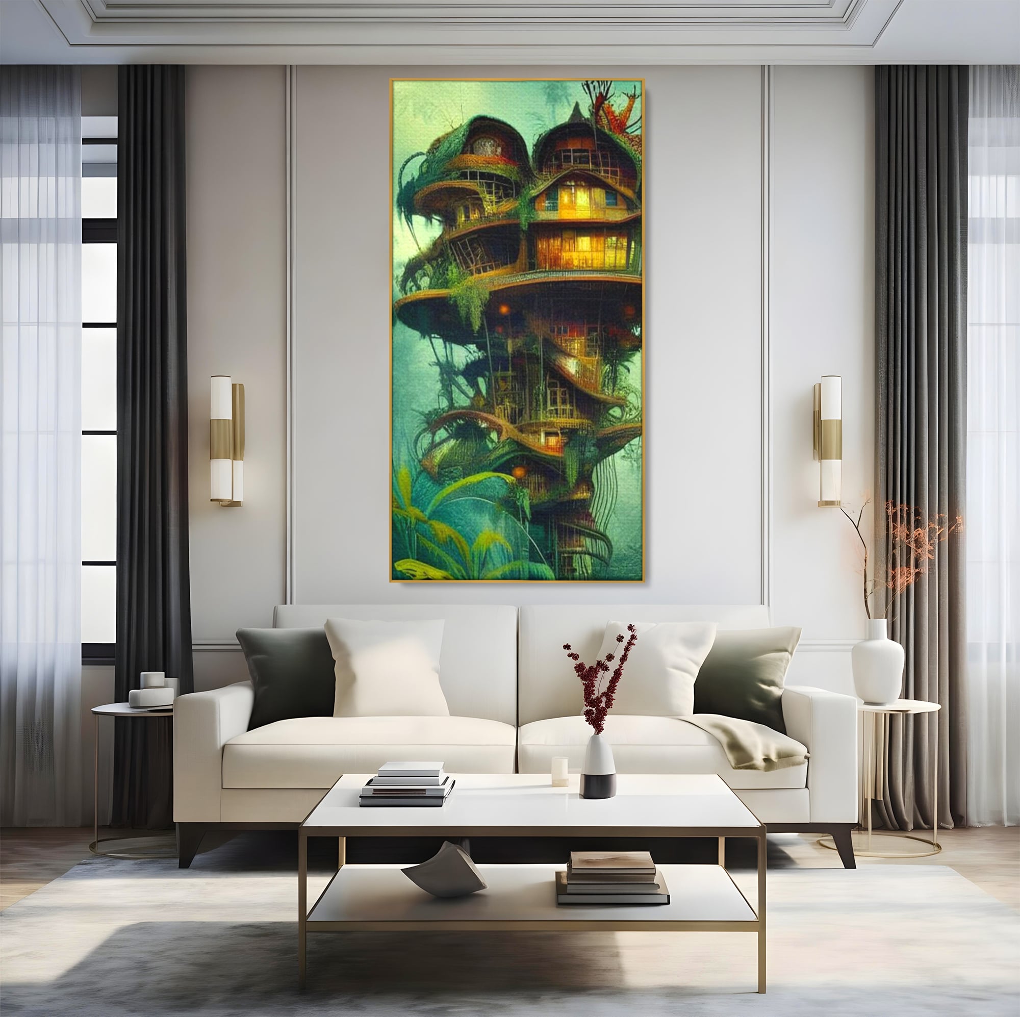 Tablou canvas cu ilustratie digitala cu turn in copac, in rama de aluminiu auriu, pe perete intr-un living